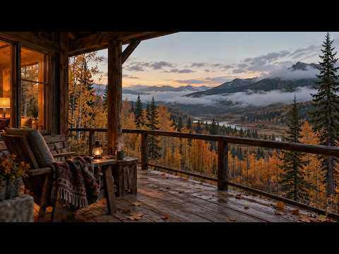A Mountain Lodge Deck at Dusk 🍂 Warm Autumn Jazz & Valley Fog Views to Relax | 2 Hours