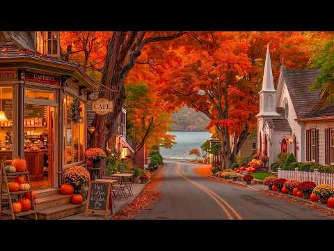Cozy Autumn Café in a Beautiful Village 🍁 Relaxing Jazz, Pumpkins & Golden Leaves for a Peaceful Day