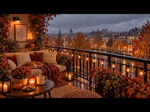 (NO MID-ROLL ADS) Peaceful Jazz on a Rainy Autumn Balcony 🎃 Spooky October Town & Warm Coffee