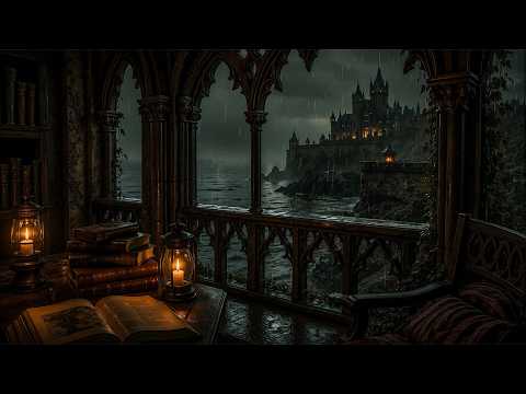 Rainy Gothic Balcony by the Sea | Dark Academia Piano & Violin for Reading, Writing & Sleep