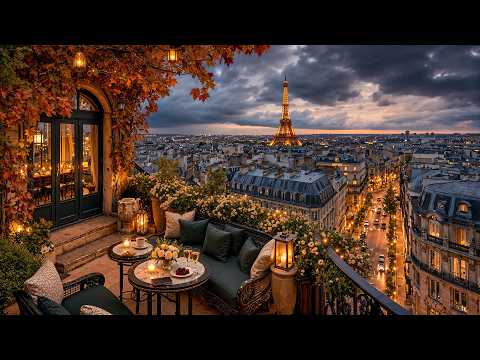 Paris Rooftop Autumn Jazz 🍂 Eiffel Tower View Café Ambience & Smooth Jazz Music for Work & Study