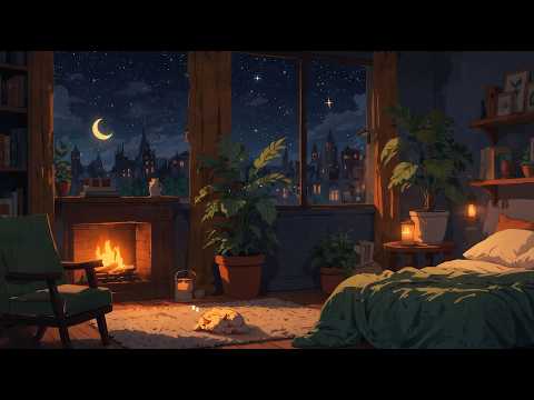Lofi Fireplace | Crescent Moon & Starry City Night with Sleeping Cat by the Fire for Deep Sleep 🌙✨🐱