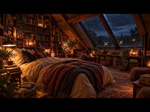 Rain on the Library Loft Skylight 📚 3 Hours Deep Sleep Music, Soft Piano & Gentle Rain