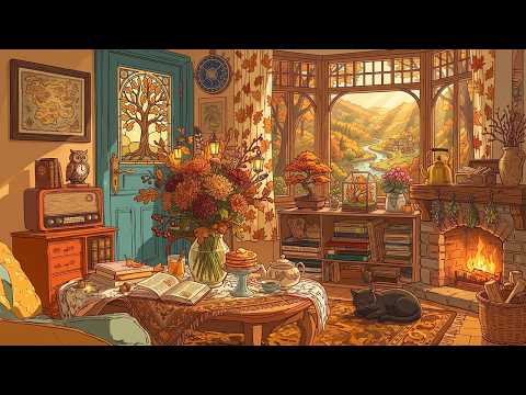 a peaceful autumn morning in a cozy cabin | 1950s vintage oldies playing in another room