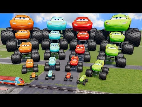 Big & Small Colors Monster Trucks Lightning Mcqueens vs Trains | BeamNG.Drive