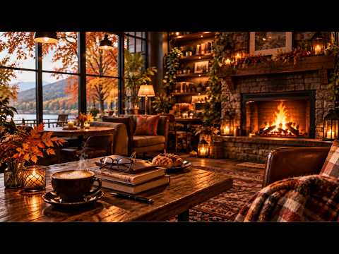 ☕ Warm Autumn Coffee Shop Ambience 🍂 Smooth Jazz 🎷Cozy Fireplace Sounds for Study, Work & Relaxation