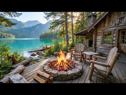 Peaceful Cabin Porch 🌿 Lake Water, Forest Birds and Fire Sounds for Reading and Rest