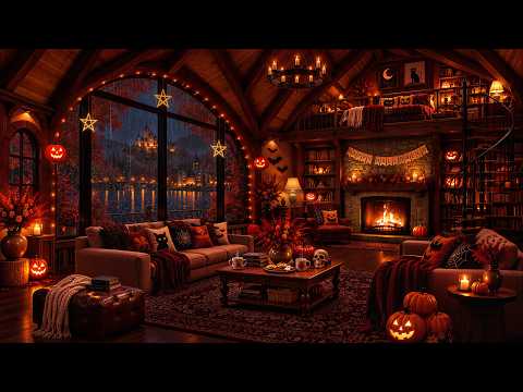 Tranquil Rainy Night in a Lakeside Halloween Cabin🎃Spooky Fall Jazz & Fireplace Sounds for Deep Rest