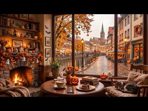 Halloween Morning Jazz 🎃 Rainy Window, Canal Street & Fireplace Jazz Music