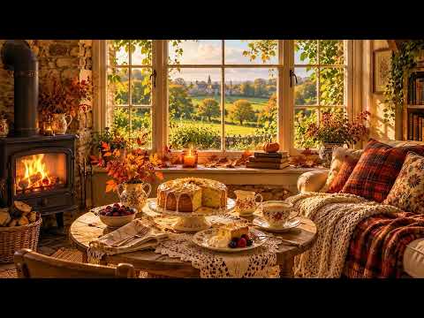 A Peaceful Autumn Morning by the Window 🍂🔥 Warm Fire, Sweet Cake & Relaxing Music