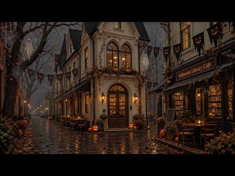 A Rainy Night Halloween on Old Cobblestone Street | Cozy Library Victorian Cafe |Dark Academia Piano
