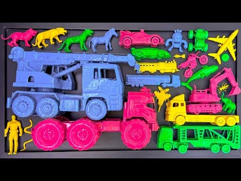 Cleaning toy cars, monster cars, towing trucks, excavators, lions, anomalies and container trucks