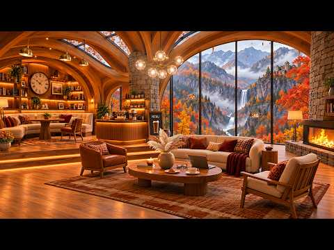 (NO ADS) Fall Ambience Piano Jazz 🍁 Cozy Autumn Mountain Café | Fireplace for Work & Relaxation