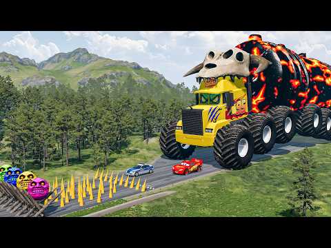 Giant LAVA TANKER Mack Truck Eater VS Cars Lightning McQueen & Police Car & spikes - Beamng.Drive