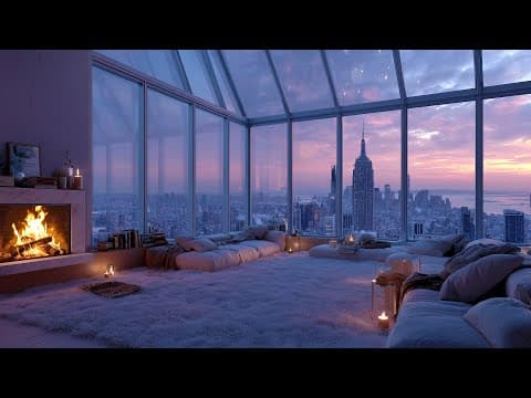 New York Skyline at Sunset | Luxury Glass Penthouse & Fireplace Ambience