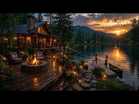 Fireplace by the River | Cozy Cabin Porch, Birds & Peaceful Piano Music