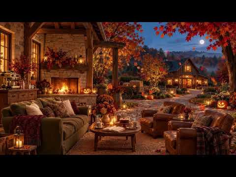 (NO ADS) Cozy Autumn Piano 🎃 Halloween Garden Porch 🍂 Gentle Fireplace Sounds for Relaxation & Sleep