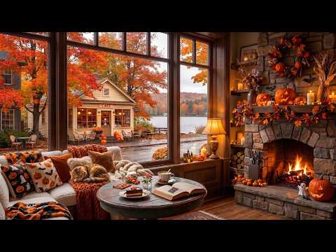 Halloween Morning Jazz 🎃 Rainy Street Café by the Window & Fireplace Jazz