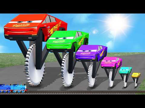 Big & Small Colors Cyber Lightning Mcqueen with One Saw vs Trains | BeamNG.Drive