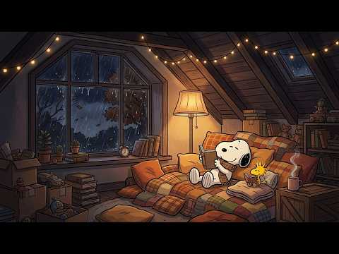 Rainy Autumn Evening with Snoopy 🌧️ 1 Hour of Lofi Jazz for Relaxing, Studying &amp; Sleeping