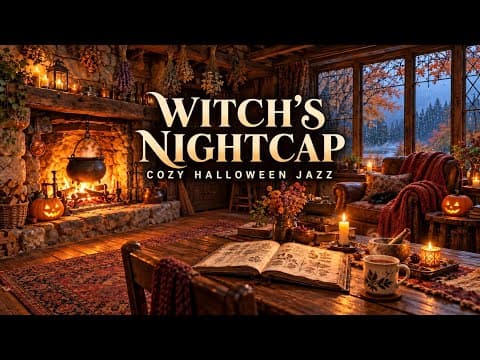 Witch’s Nightcap 🎃 Cozy Halloween Jazz with Fireplace & Rain | 1 Hour