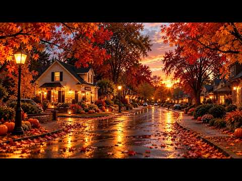 Autumn Sunset in a New England Village 🍂 Smooth Jazz &amp; Warm Lights for Focus &amp; Relaxation