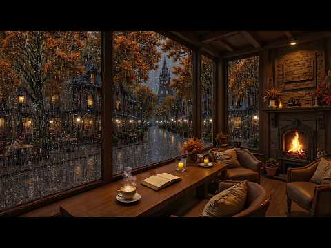 [NO ADS] Cozy Autumn Rain Café 🍂 Smooth Jazz Piano & Fireplace Sounds for Study & Work