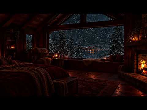 Cozy Mountain Cabin in a Snowstorm | Heavy Snowfall & Fireplace Sounds | Deep Sleep and Relaxation