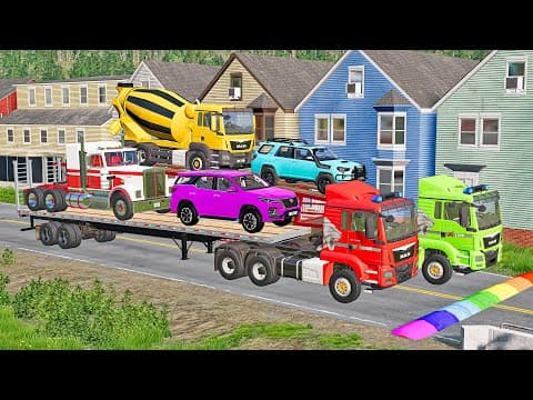 TRANSPORTING PIXAR CARS & FRUITS WITH COLORED & JOHN DEERE vs CLAAS vs TRACTORS - BeamNG.drive #962