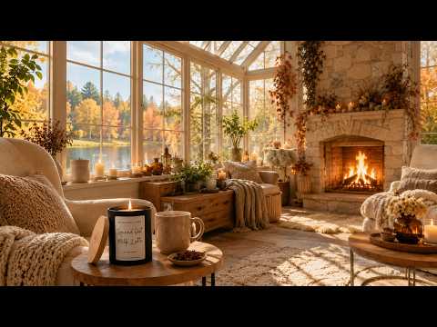 Golden Autumn Morning | Cozy Fireplace & Spiced Oat Milk Latte Ambiance