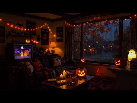 Slow Fall Rain in a Cozy 90s Living Room | Vintage Halloween Ambience & CRT Glow for Sleep, Reading