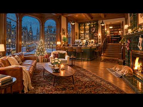 [No Ads] Christmas Night Piano Jazz 🌨️ Old Town Tram, Warm Cafe Glow &amp; Fireplace for Relaxation ❄️