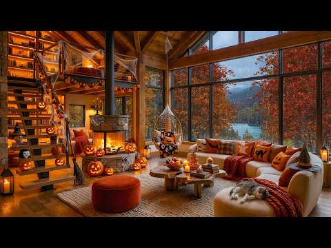 Autumn Rain Outside, Jazz by the Fire 🍂 Spooky Cabin Ambience, Pumpkins & Soft Jazz to Unwind