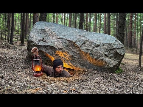 Building a Warm and Secret Dugout Under a Huge Rock | Bushcraft, Survival, Dugout