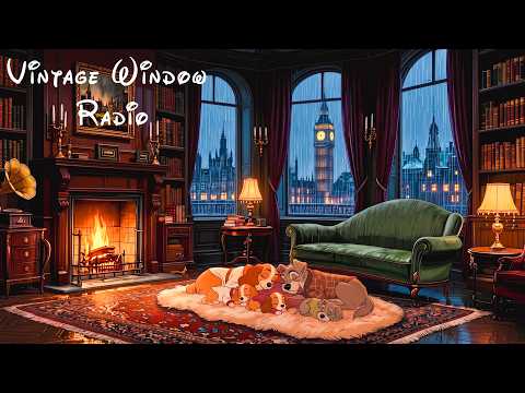 1950s Autumn Oldies Playing in Another Room 🍂| Cozy London Library Rain Night for Relax and Sleep🌧️