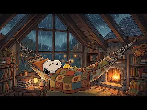 Rainy Autumn Night Cottage with Snoopy 🍂 1 Hour Lofi Jazz for Sleeping, Studying & Relaxing