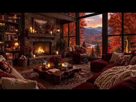 Tranquil Mountain Autumn Jazz 🍂 Rustic Lodge Ambience, Fireplace Sounds & Smooth Jazz for relax