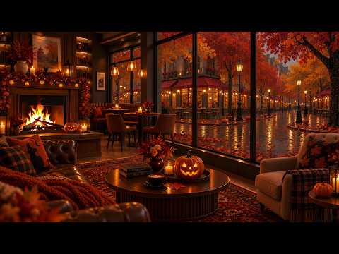 Pumpkin-Lit Fall Jazz Café | Rainy Halloween Streets, Fireplace Glow & Smooth Jazz for Quiet Nights