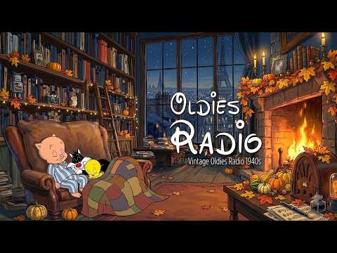 1940s Oldies Playing in Another Room | Dreaming in Rainy Paris Night 🌧️ with Cracking Fireplace 🔥