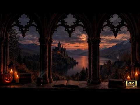 Halloween Castle 🎃 | 4K Window Ambience • Glowing Pumpkin, Relaxing Fantasy Music