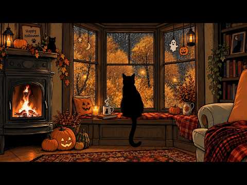 A Rainy Halloween Night by the Fire 🎃 Cozy Jazz & Fall Ambience with a Black Cat