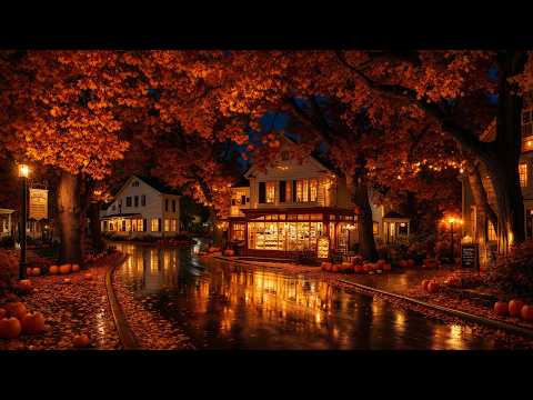 Peaceful Night in New England 🍂 Golden Autumn Streets &amp; Cozy Jazz Music for Work, Sleep, Relax