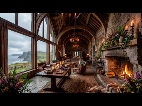Cozy Irish Castle Fireplace ☘️ Celtic Music, Ocean Waves & Relaxing Ambience LIVE