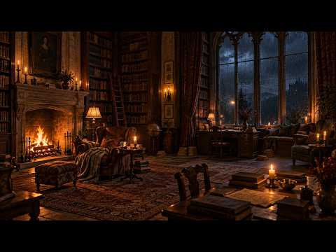 Room 14 - Castle Library During a Storm  Rain, Thunder & Fireplace Ambience