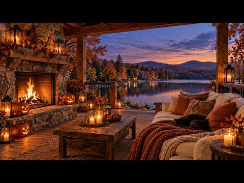 (NO MID-ROLL ADS) Cozy Spooky October Jazz 🎃 Warm Fireplace, Autumn Lake & Peaceful Halloween Night