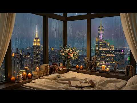 4K Cozy Bedroom Overlooking Los Angeles at Night - Smooth Piano Jazz Music for Relaxing, Chilling