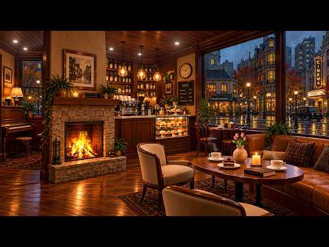 [No Ads] Warm Piano Jazz Cafe ☕ Rainy Cinema District, Fireplace &amp; City Night Ambience