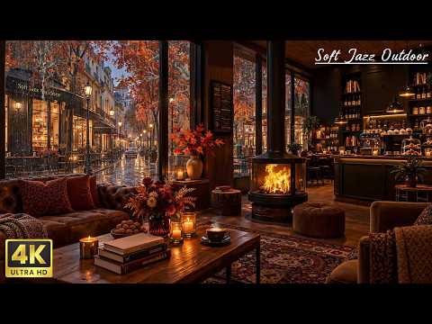 (No Ads) Autumn Coffee Shop in the Rain 🍂☕ Smooth Jazz, Fireplace Glow & Cozy Evening Ambience #15