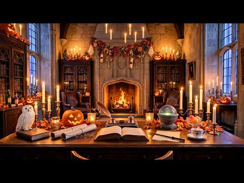 Halloween at Hogwarts Dumbledore’s Office Fireplace Ambience 🎃 Autumn Owl Study & Harry Potter Music