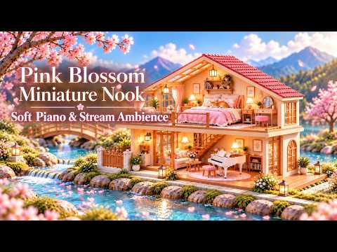 Pink Blossom Miniature Nook 🌸 Soft Piano &amp; Stream Ambience for Relaxation, Reading &amp; Slow Mornings